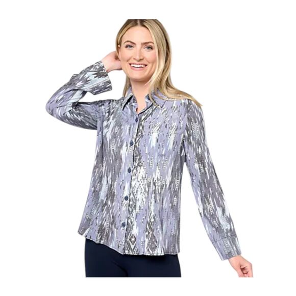 Attitudes by Renee Small Aztec Print Shirt Denim Vibes Blue Gray Off-White - Picture 1 of 13